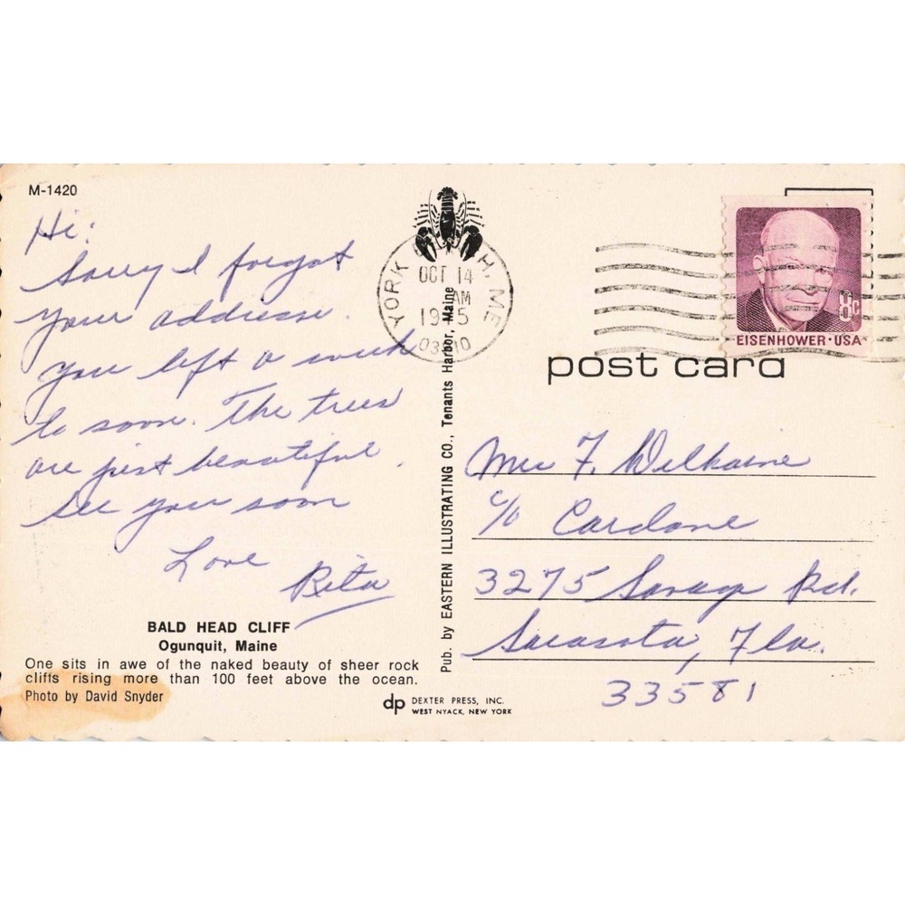 Vintage Bald Head Cliff Ogunquit Maine Postcard 1975 Postmark David Snyder Photo - Picture 2 of 2